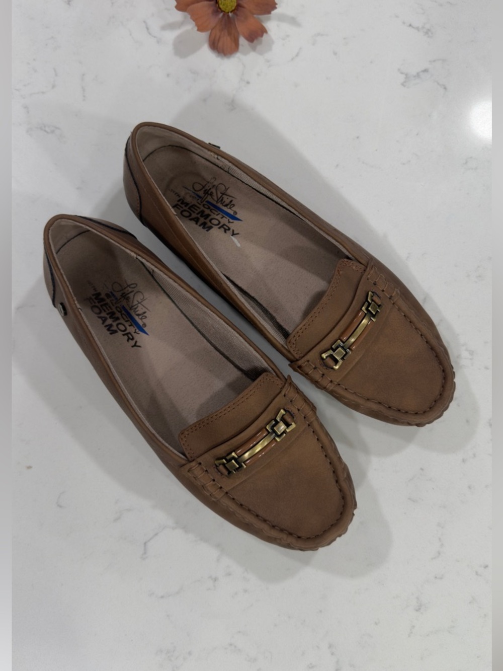 Life Stride Tan Loafers with Gold Accent